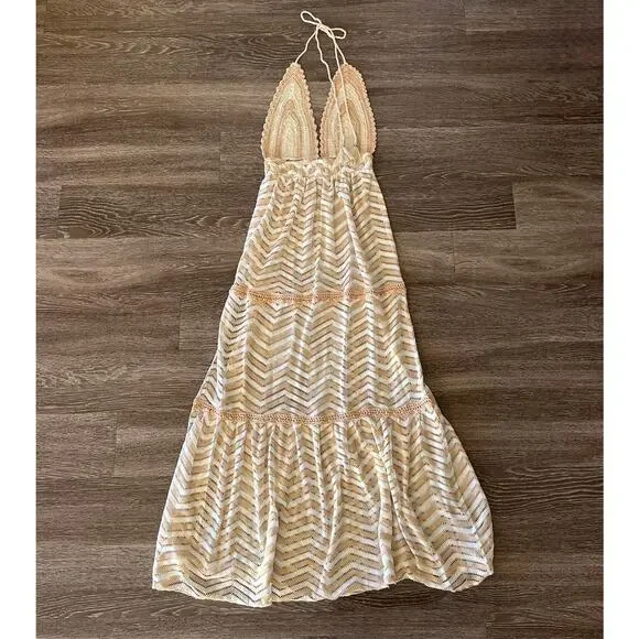 Ramy Brook Rosella Knit Chevron Halter Maxi Dress White Tan XS Crochet Metallic Ramy Brook Rosella Knit Chevron Halter Maxi Dress White Tan XS Crochet Metallic